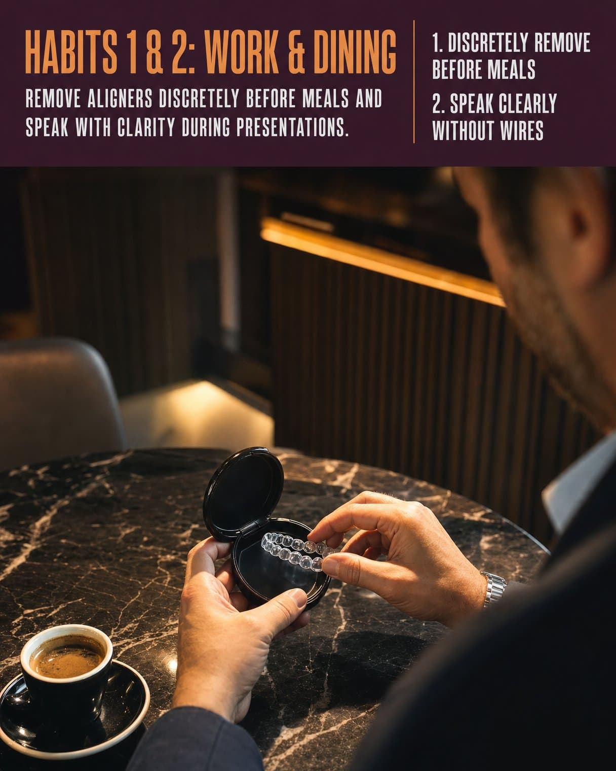 List slide: "Habits 1 & 2: Work & dining Remove aligners discretely before meals and speak with clarity during presentations. / 1. Discretely remove before meals / 2. Speak clearly without wires" A man places clear aligners into a case on a marble table beside an espresso.