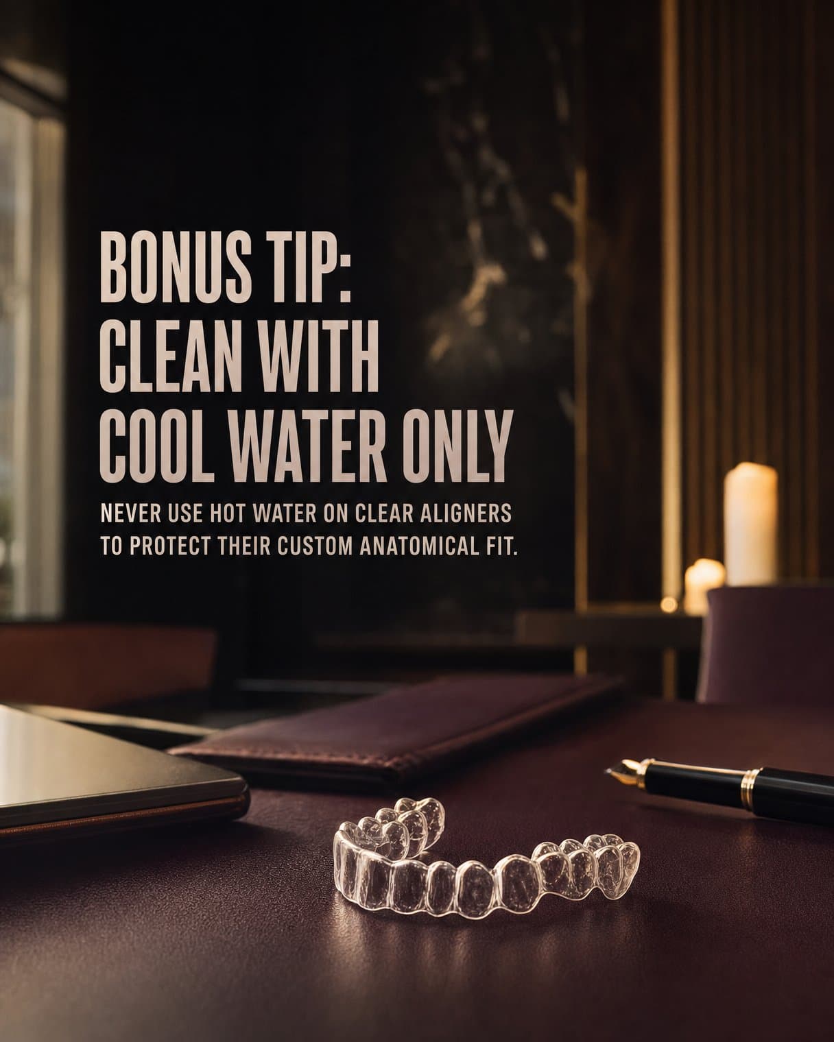 Bonus or recap slide: "Bonus tip: Clean with cool water only Never use hot water on clear aligners to protect their custom anatomical fit." A clear aligner rests on a plum leather desk beside a fountain pen and candles.