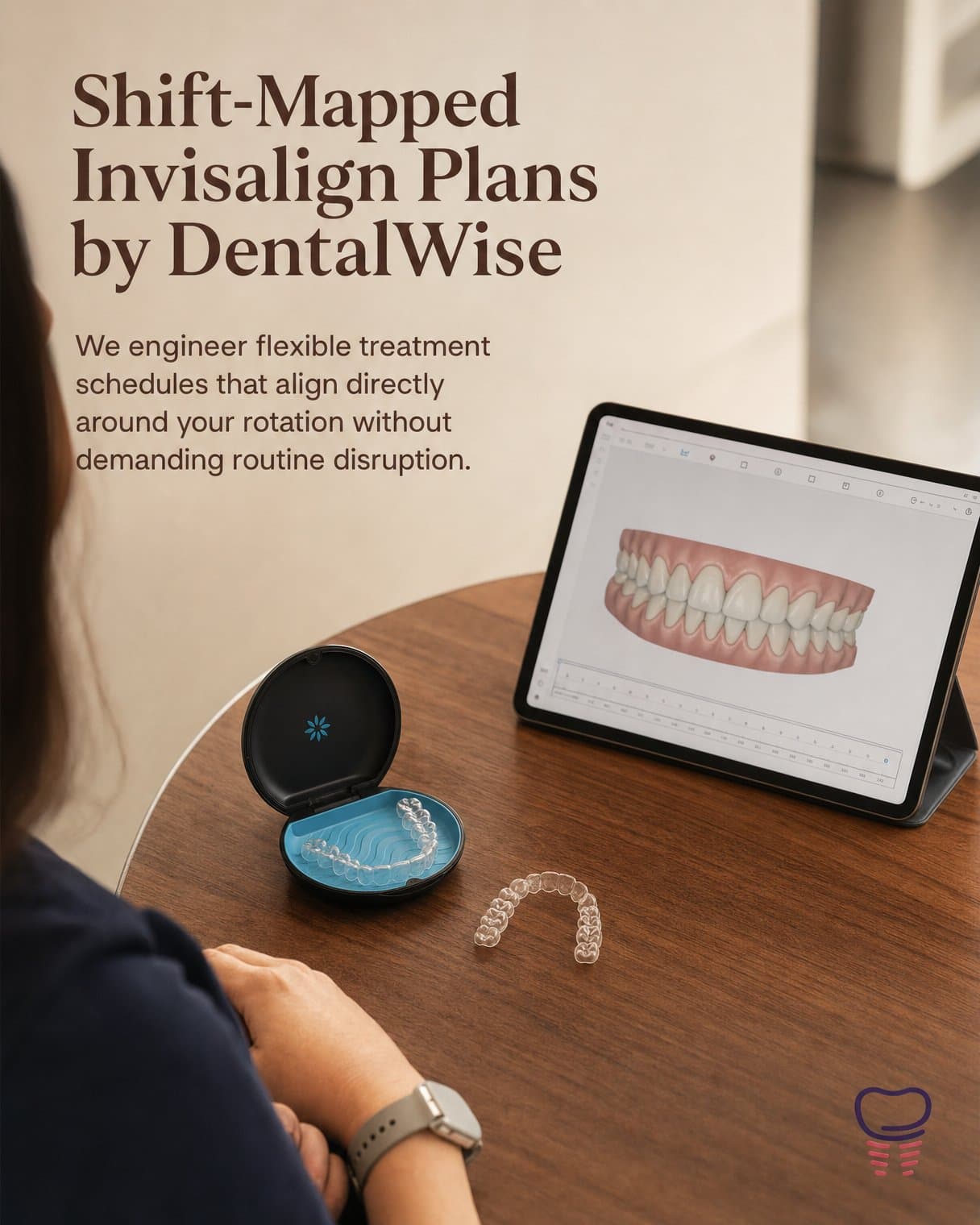 Hook slide: "Shift-Mapped Invisalign Plans by DentalWise We engineer flexible treatment schedules that align directly around your rotation without demanding routine disruption." A person views a 3D teeth scan on a tablet beside an aligner case.