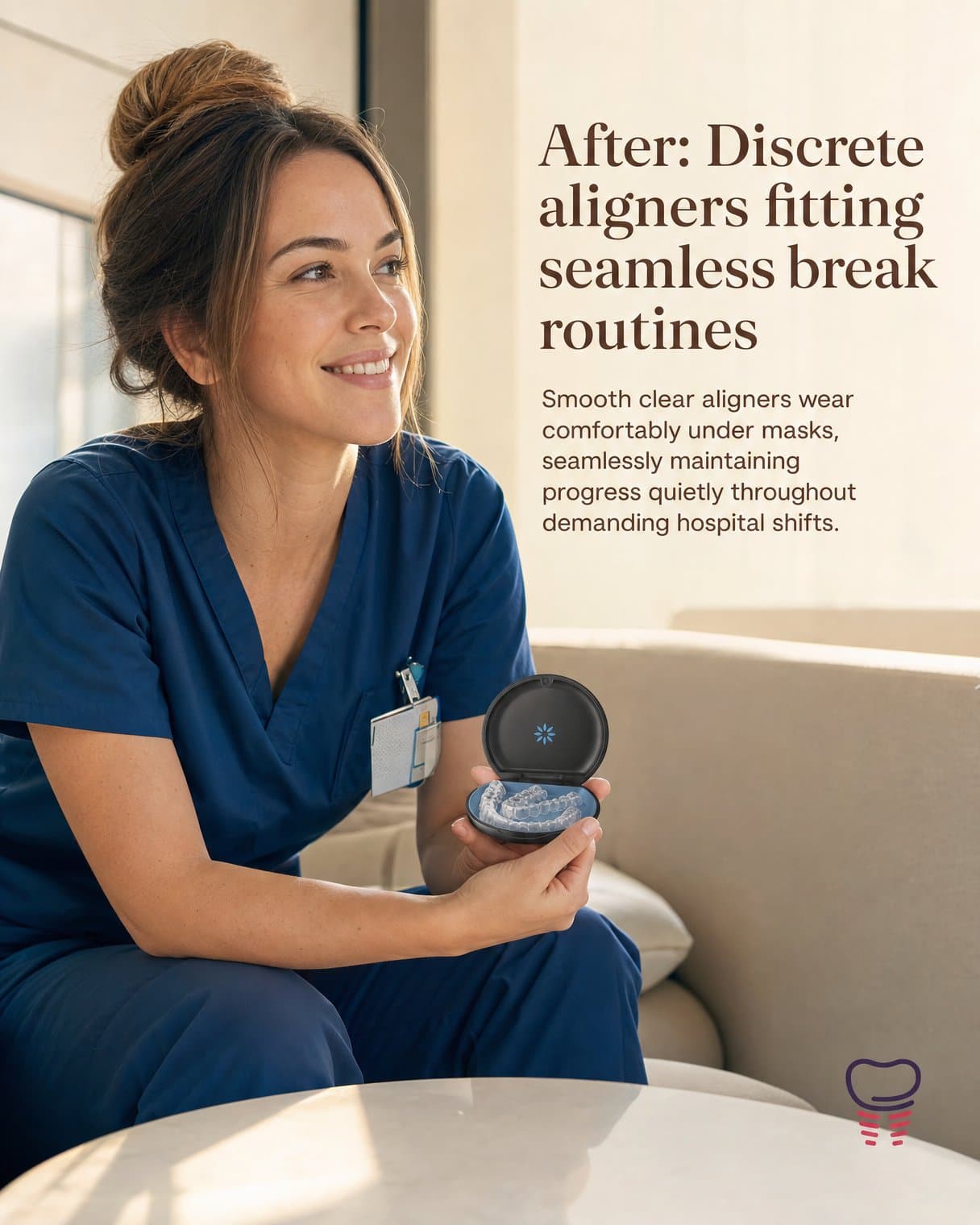 After slide: "After: Discrete aligners fitting seamless break routines Smooth clear aligners wear comfortably under masks, seamlessly maintaining progress quietly throughout demanding hospital shifts." A smiling nurse in navy scrubs holds an open aligner case on a sofa.