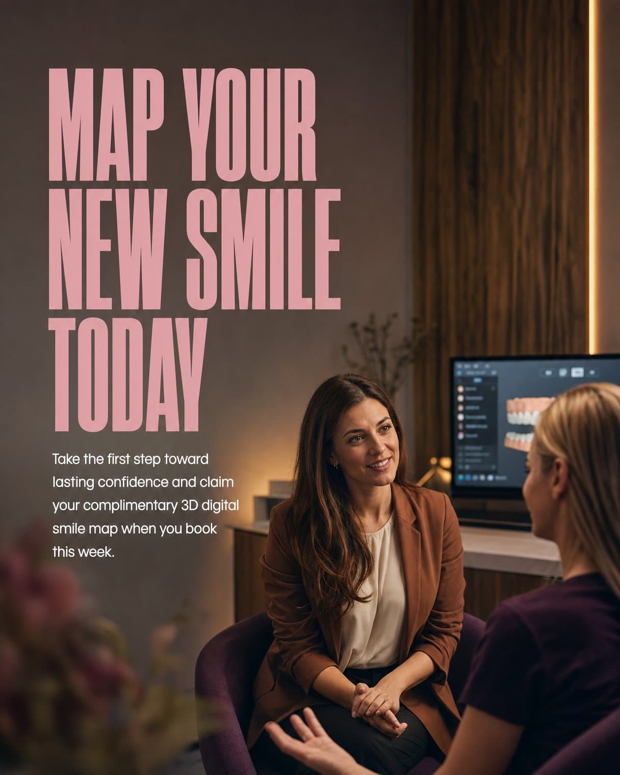 CTA slide: "Map your new smile today Take the first step toward lasting confidence and claim your complimentary 3D digital smile map when you book this week." A woman in a brown blazer sits facing a clinician beside a dental scan screen.