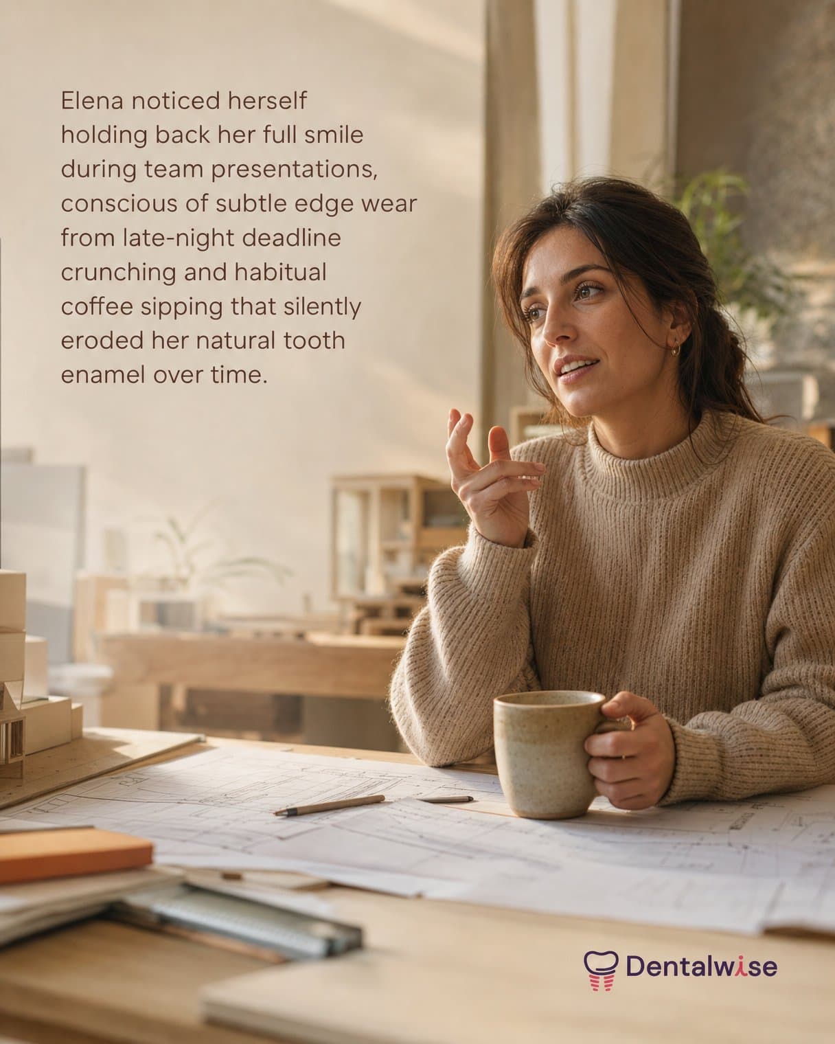 Setup slide: "Elena noticed herself holding back her full smile during team presentations, conscious of subtle edge wear from late-night deadline crunching and habitual coffee sipping that silently eroded her natural tooth enamel over time." A woman in a knit sweater talks, holding a coffee mug over blueprints.