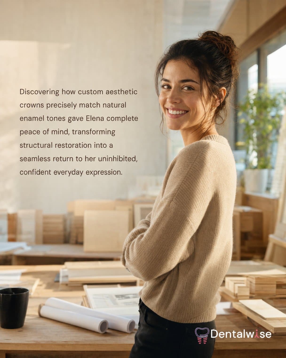 Turning point slide: "Discovering how custom aesthetic crowns precisely match natural enamel tones gave Elena complete peace of mind, transforming structural restoration into a seamless return to her uninhibited, confident everyday expression." A woman smiles over her shoulder in a studio with stacked wood and rolled plans.